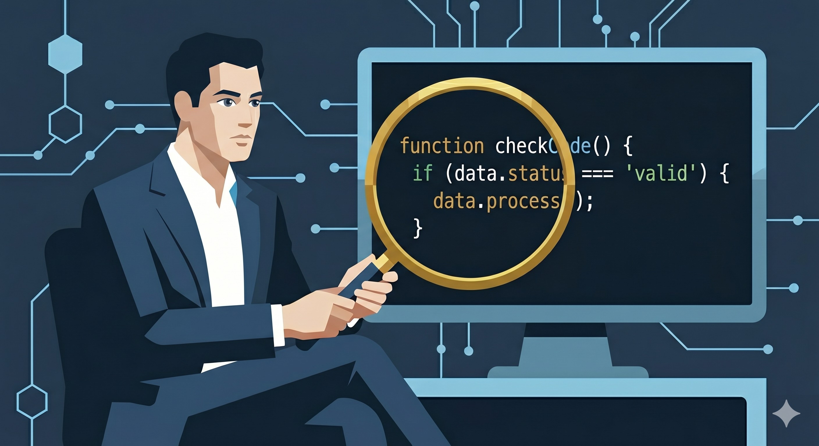 Ilustracja przedstawiająca proces Code Review wspomagany przez AI